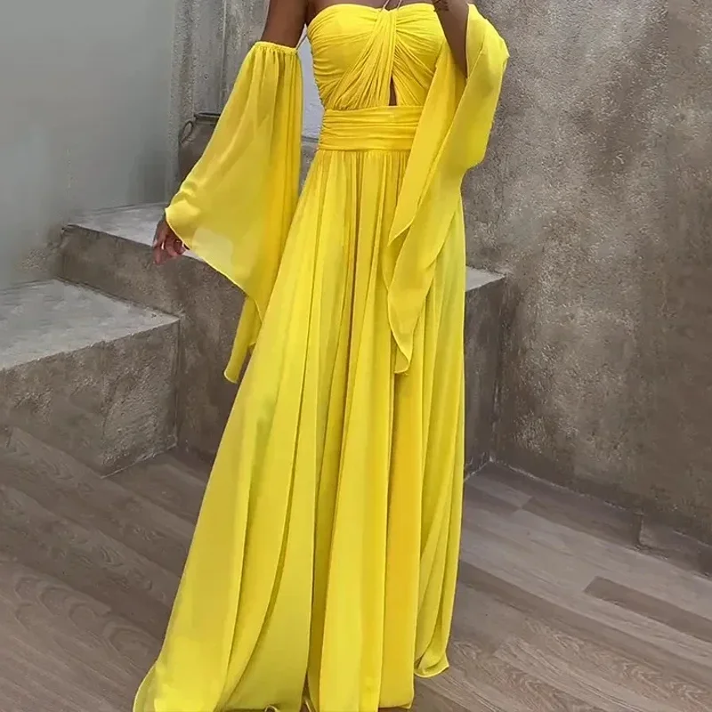 

Autumn Lady Off Shoulder Flare Sleeve Party Dress Sexy Hollow Backless Split Evening Dress Women Strapless High Waist Long Dress