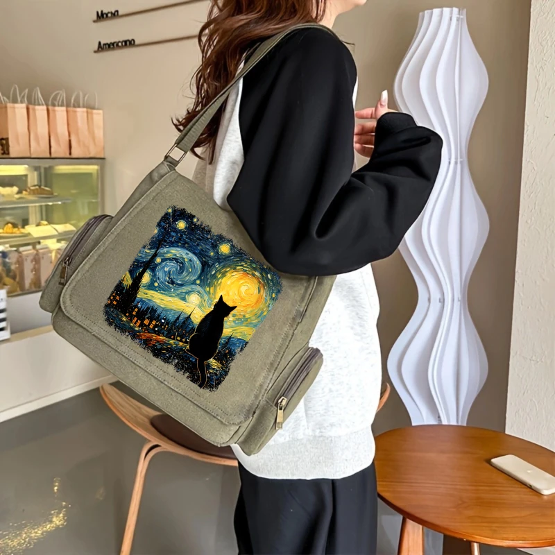 Retro Women's Shoulder Bag Men's Messenger Bag Canvas Crossbody Bag Cat Print Large Capacity Laptop Bag