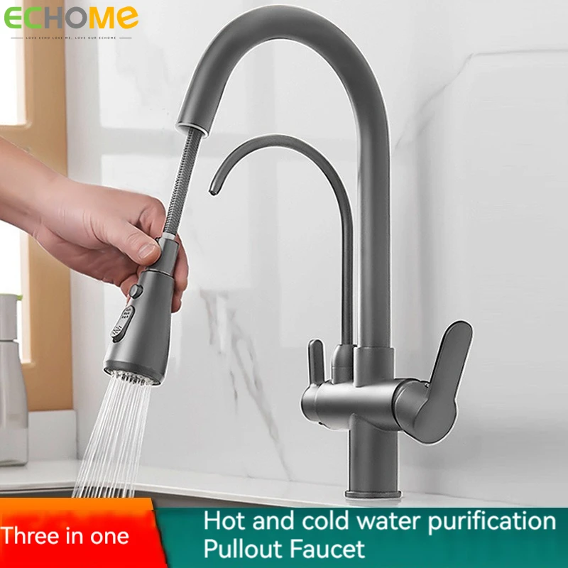 

Bathroom Kitchen Faucet Household Bathroom Three-in-one Hot and Cold Double Outlet Kitchen Sink Faucets Bathroom Accessories