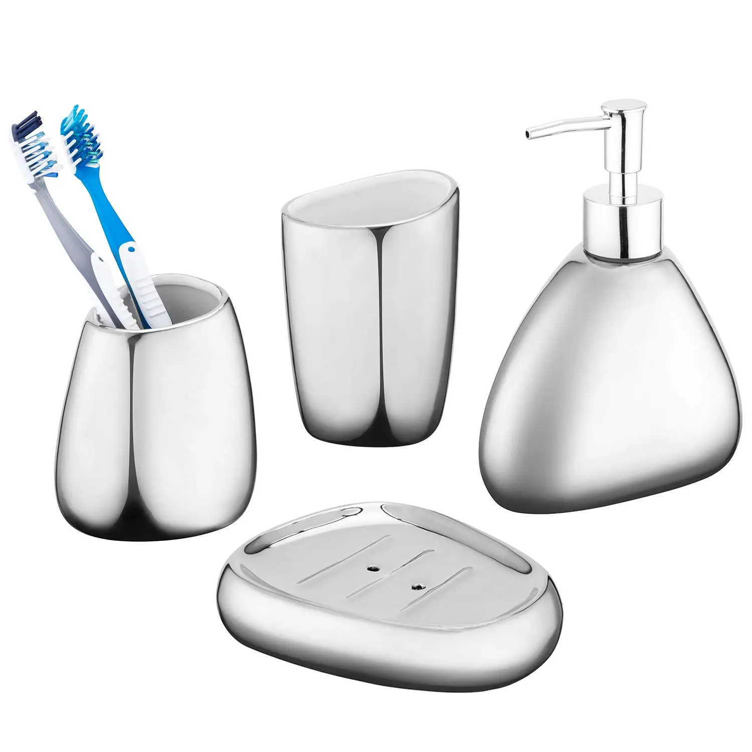 4/5 Piece Set Complete Set Modern Ceramic Silver and Gold Bathroom Accessories Set with Soap Dispenser for Modern Home Decor