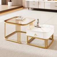Anajqaqia Ensemble de 2 tables basses empilables, aspect marbre brillant et plateau en verre, accents dorés, table d'appoint avec tiroirs 2