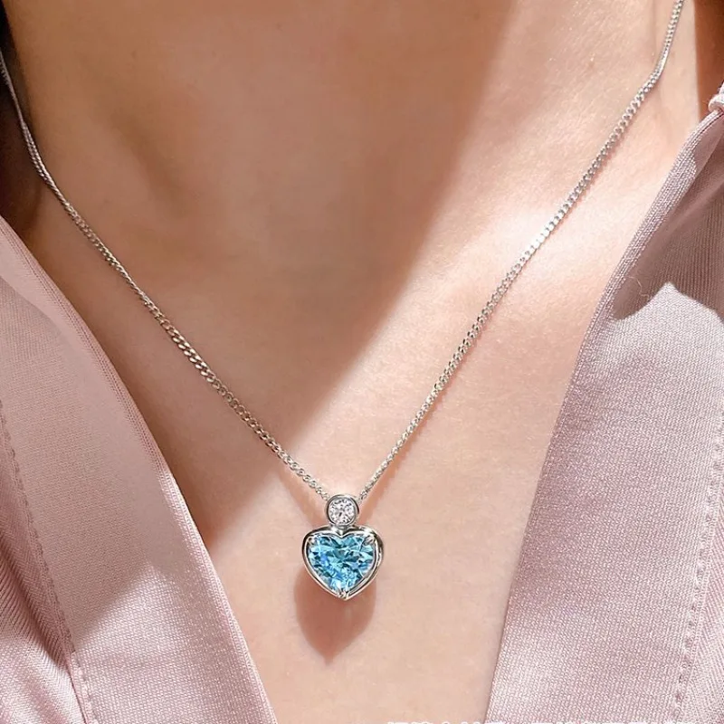 

Imitative 2CT Light Blue Diamond Crystal Cz Sea Blue Heart Pendant Necklace, Valentine's Day party Jewelry Best Gift for Her