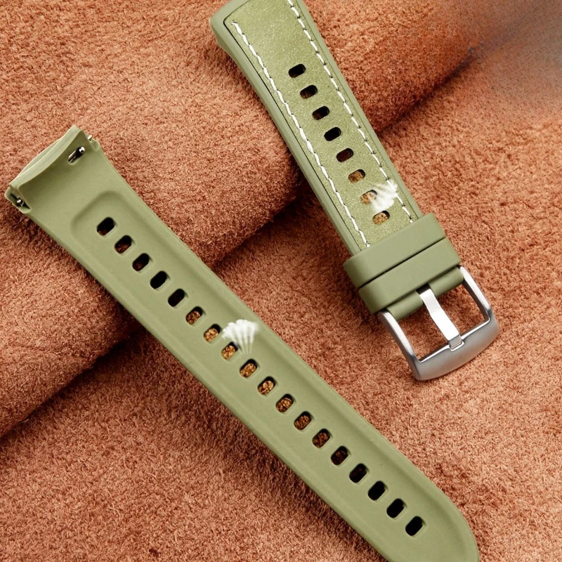 Breathable Silicone and Leather Veneer Composite Watch Strap with Pin Buckle
