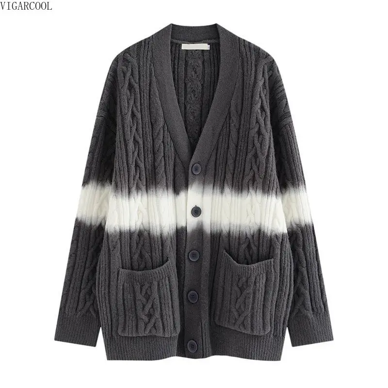 

Autumn and Winter New Tie Dye Gradient V-Neck Knitted Cardigan Sweater Women's Mid Length Slouchy Long Sleeve Korean Loose Coat