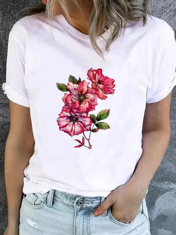 Flower Sweet Trend Cute 90s T-shirt Ladies Fashion Basic Women Graphic Short Sleeve Clothing Tee Top Clothes Print T Shirt