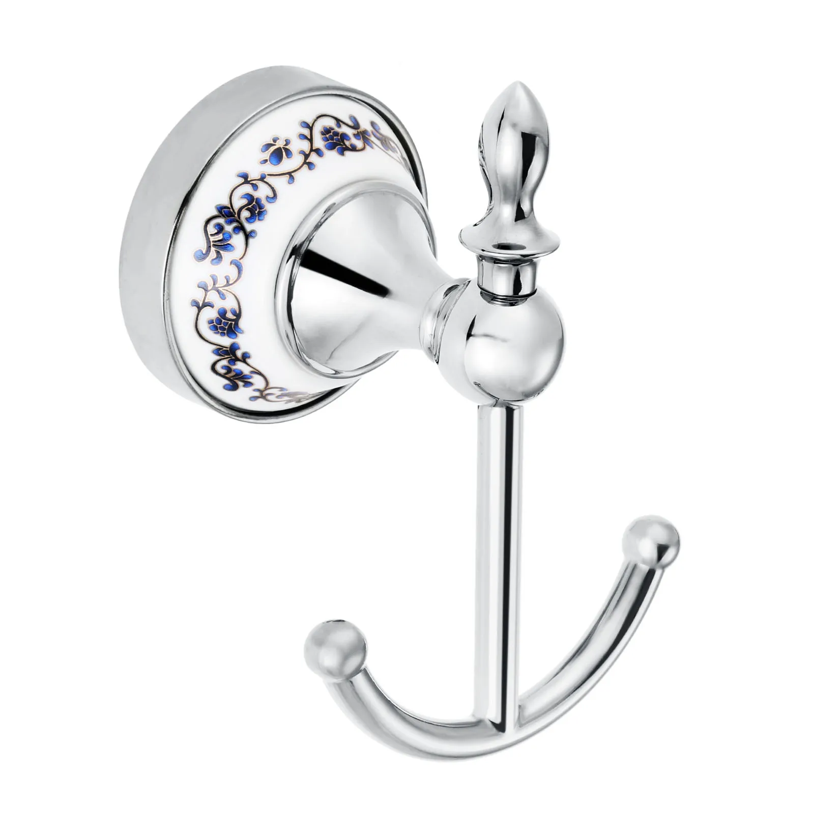 1Pc Chrome-plated Blue And White Porcelain Chrome-plated Stainless Steel Wall-mounted Double Hook Coat Hook Bathroom Accessories