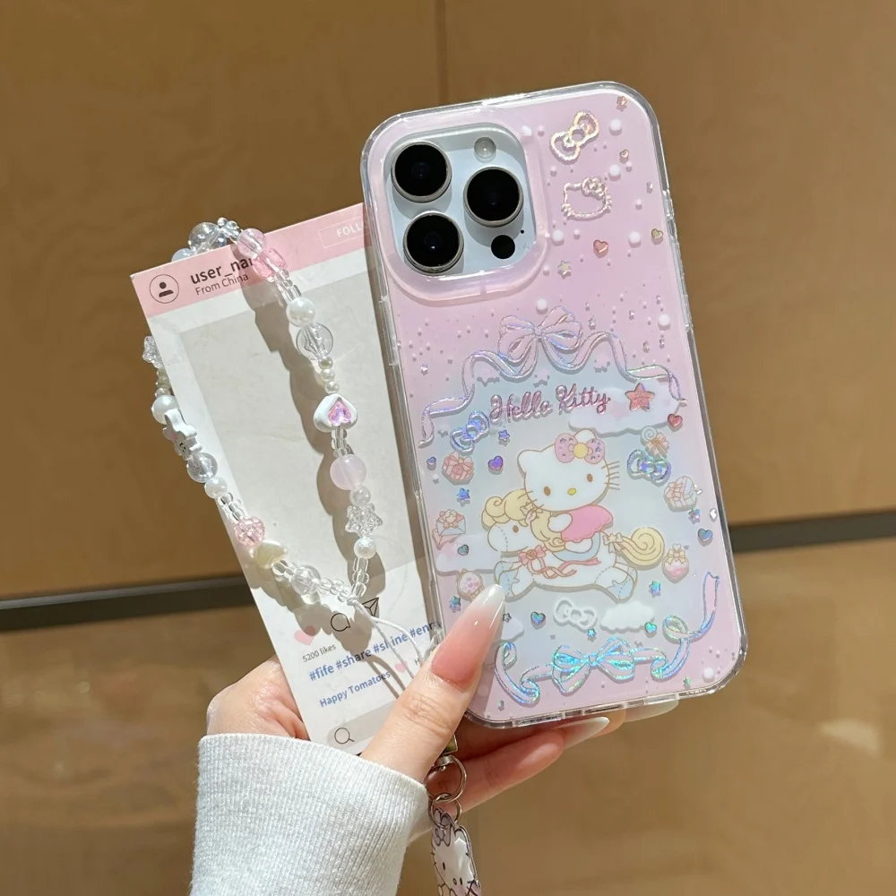 Chic Pink HelloKitty Cat Horse Y2K Phone Case - Shockproof Bumper Cover with Pendant