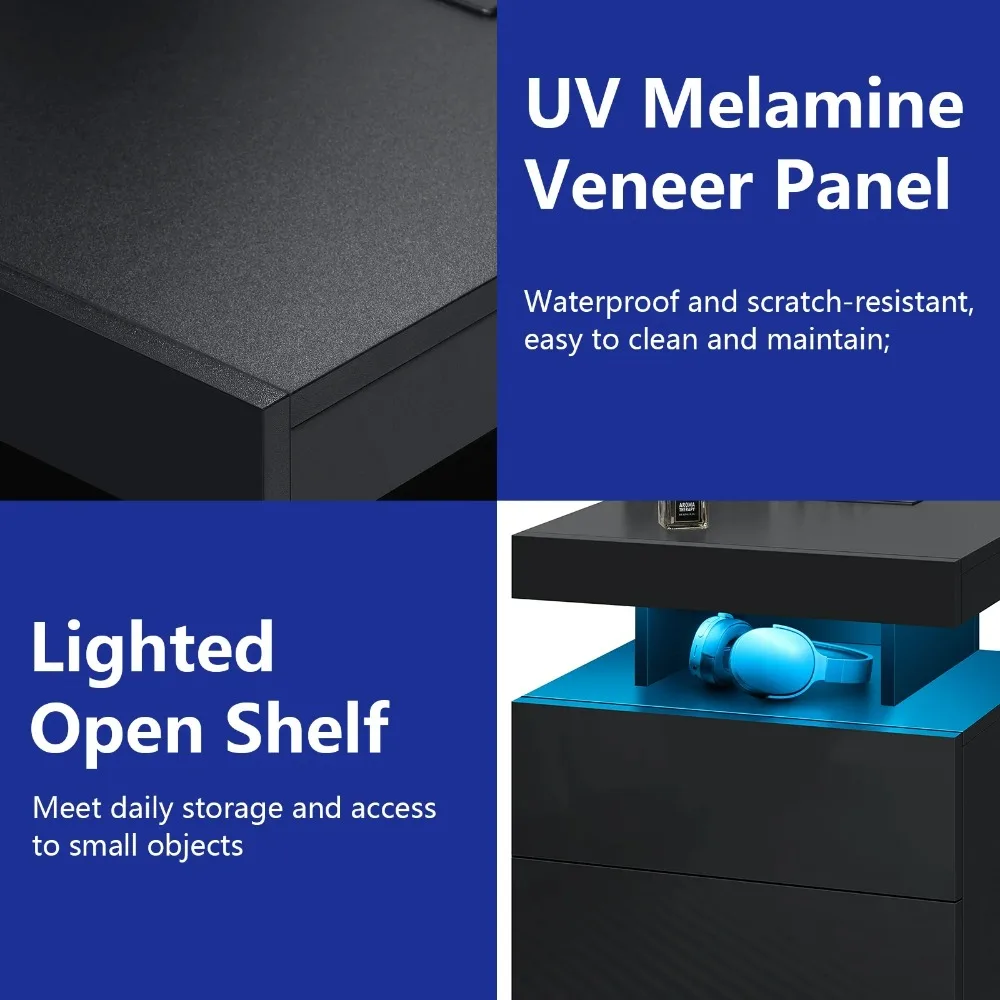 LED Nightstand with Wireless Charging Station Modern Nightstand Type C USB Port 2 Drawers Bedside Table Black Smart Night Table 4