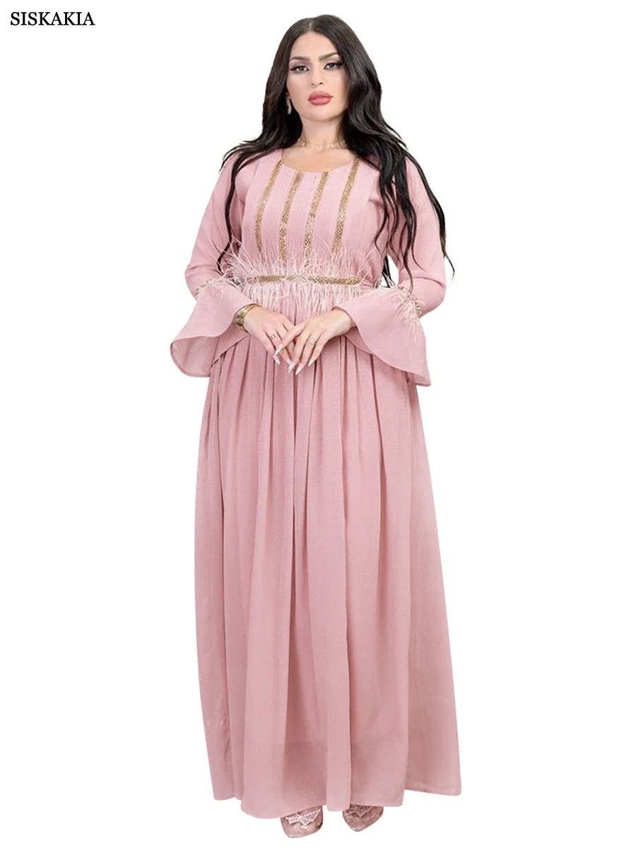

Siskakia Moroccan Abaya Diamonds Feathers Patchwork O-Neck Flare Sleeve Sashes Elegant Casual Muslim Women Party Long Dress