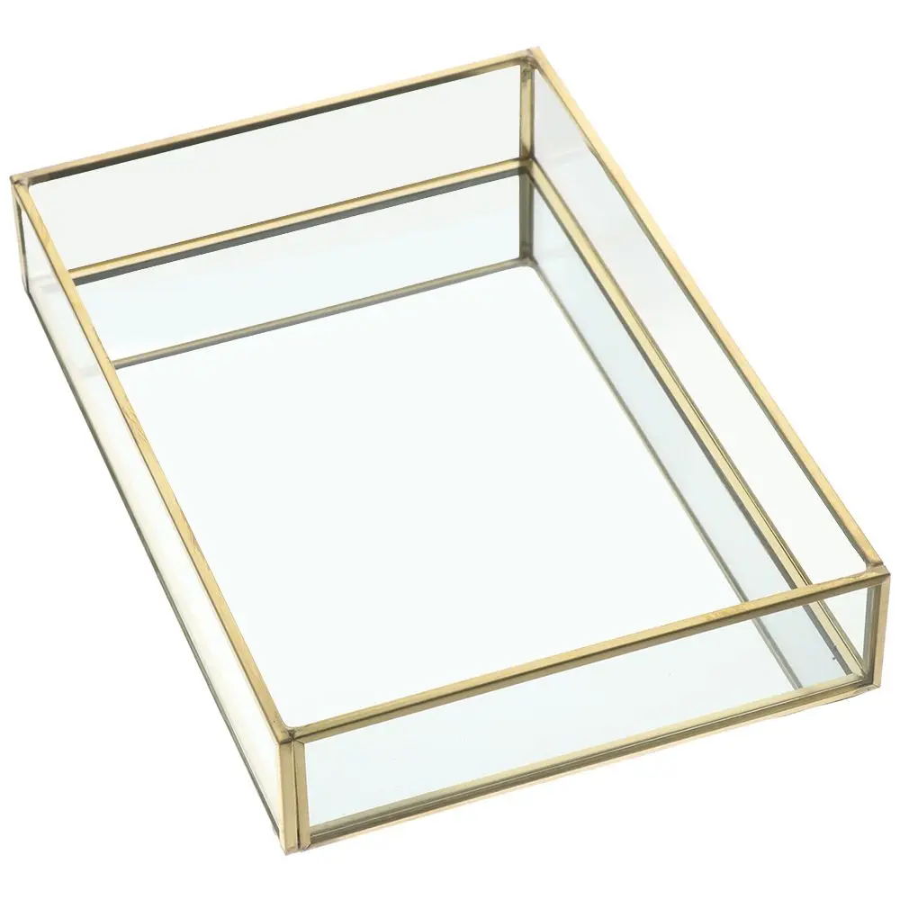 Glass Decorative Tray Easy-to-clean 7.87*5.5*1.38 Inch Gold Rectangle Mirror Decorative Tray Vintage Jewelry Office glass decorative tray
