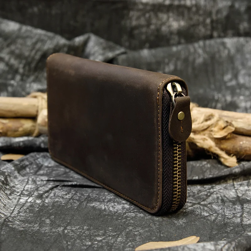 

Men's Zip Long Wallet Natural Cow Skin Purse Leather Credit Bank Card Cash Cell Phone Wallets Men Women Male High Quality