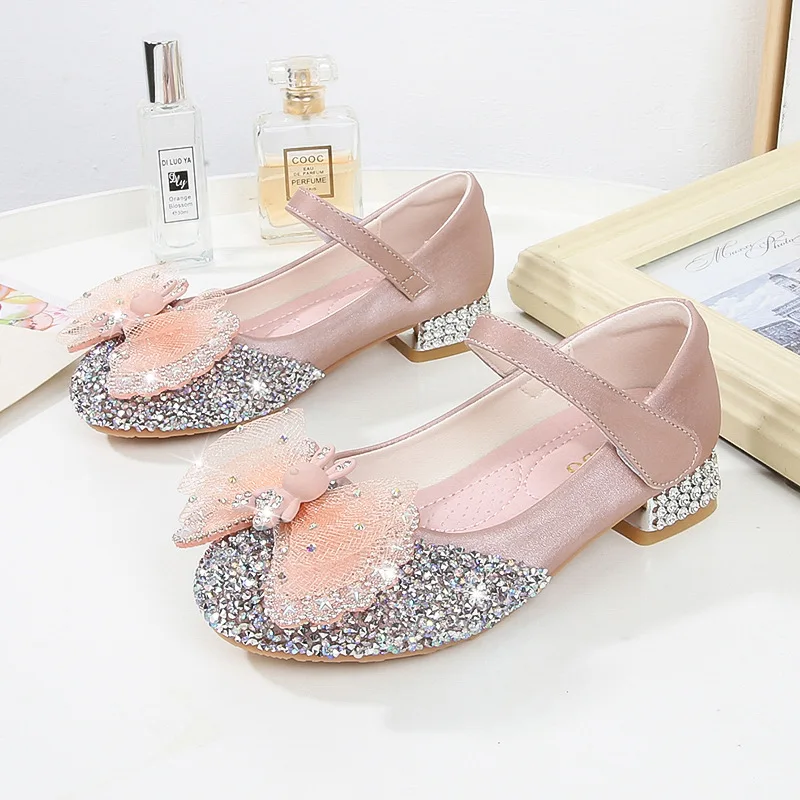 

Children Leather Shoes New Rhinestone Girls Princess Shoes High-heeled Kids Parties Dancing Footwear Students Weddings Shoes