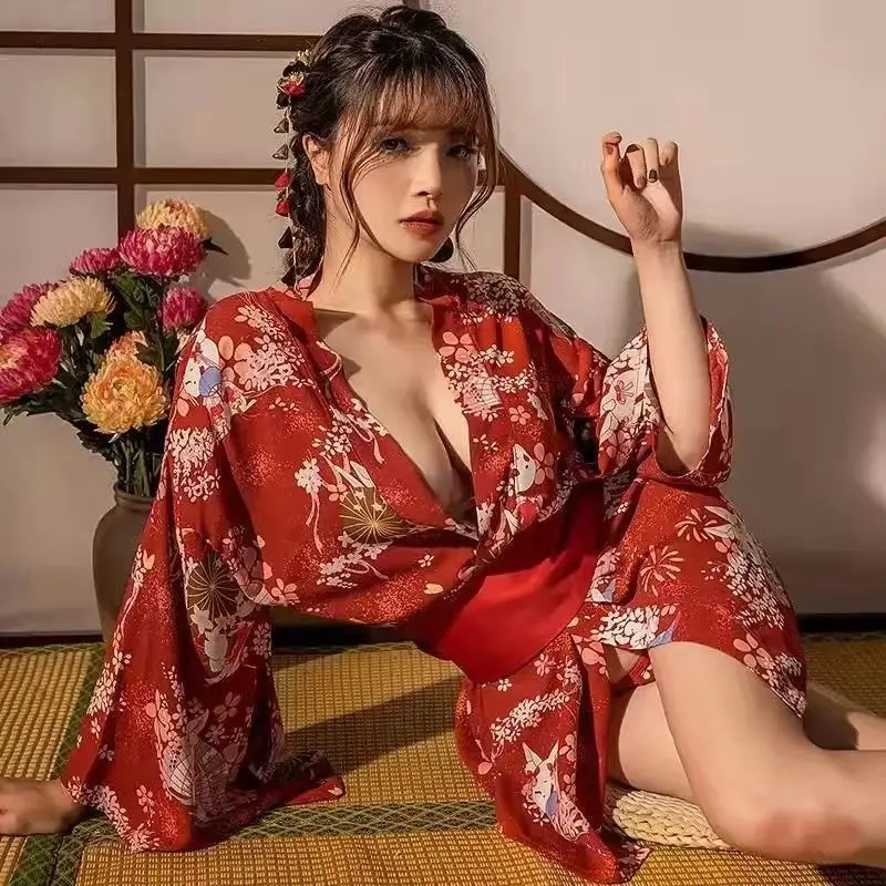 Kimono Pajamas for Women Sexy Japanese Costumes Tempting Sleepwear Bath Robe Anime Cosplay Performance Lingerie Haori Homewear