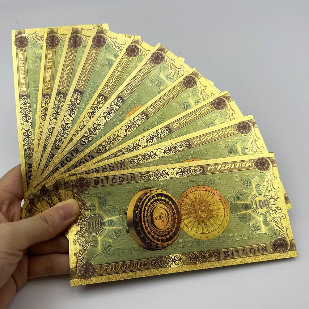 10PCS One Hundred Bitcoin Gold Banknotes Collectibles Home Decoration Plastic Card Wholesale Items
