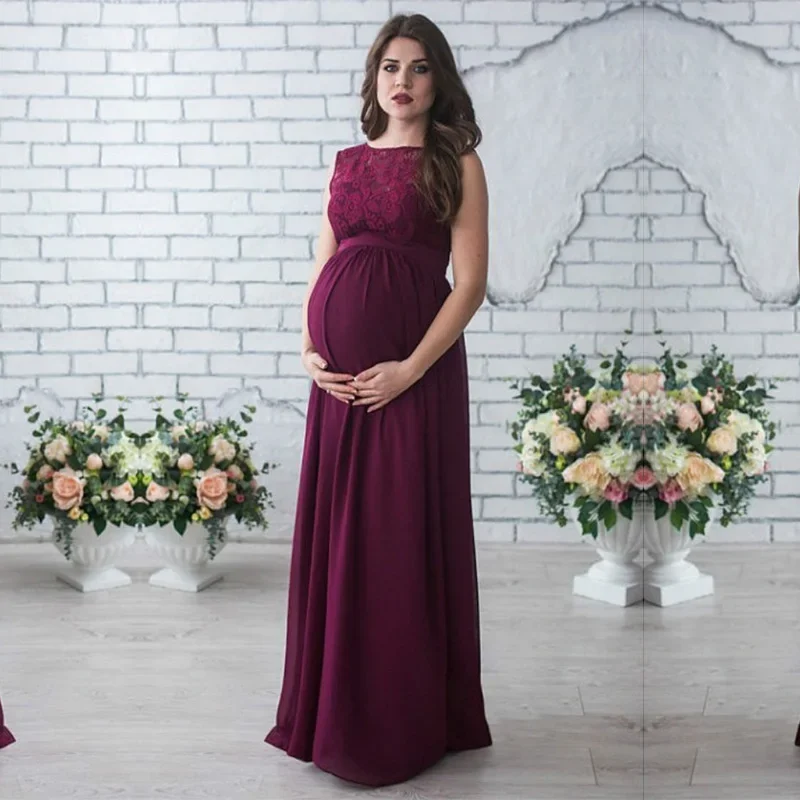 

Pregnant Women Lace Chiffon Wedding Dress Pregnancy Crew Neck Sleeveless Dresses Maternity Photo Shoot Photography Prop Clothes