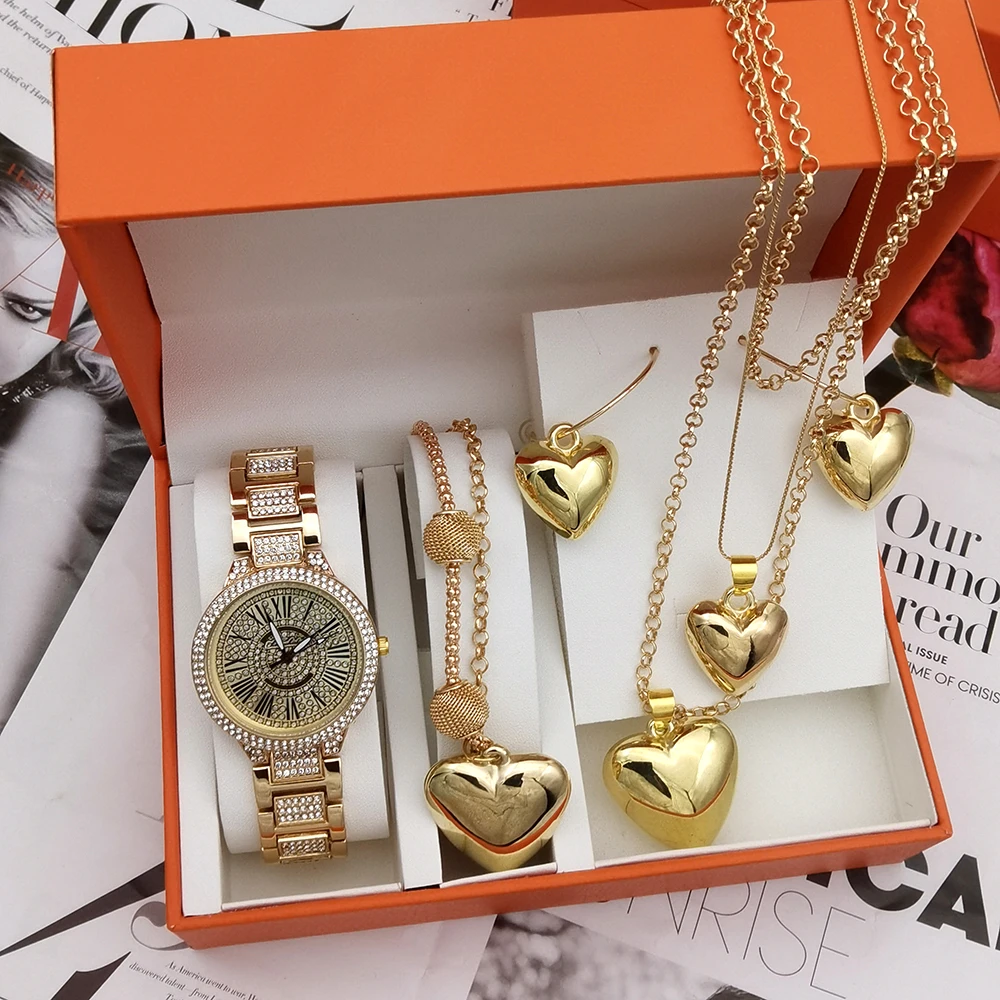 Fashion Luxury Women Bracelet Watches Ladies Gold Diamond Quartz Womens WristWatch Clock Heart Necklace Women Party Jewelry Set