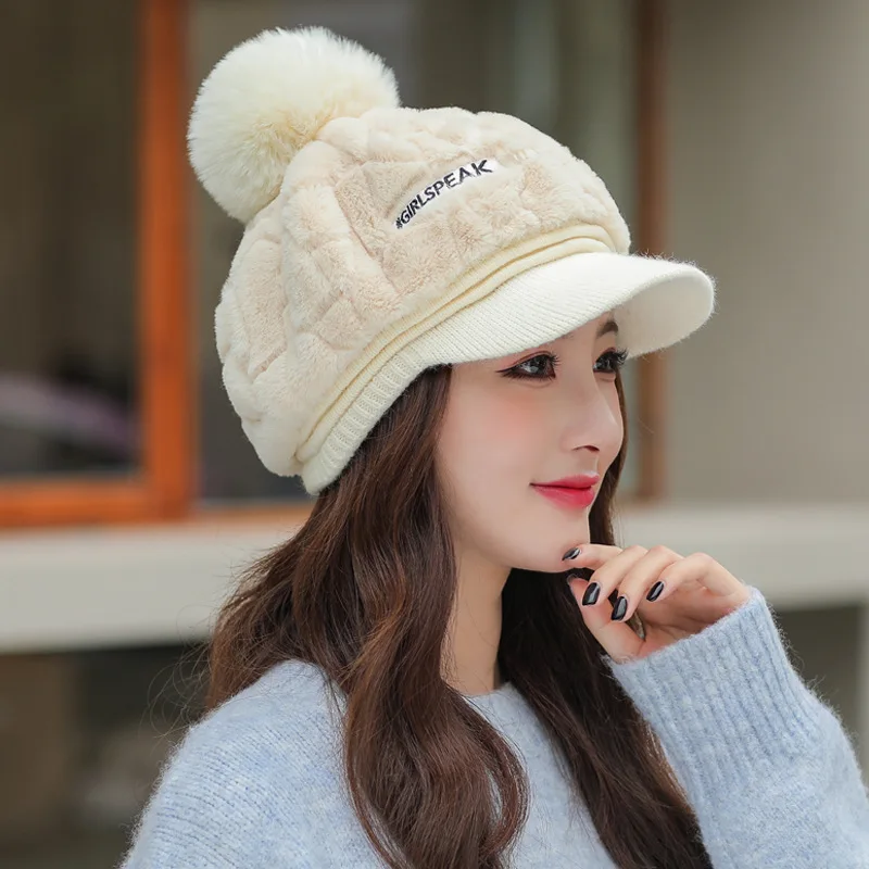 

Fashion Hat Autumn Winter Cap Women's Versatile Rabbit Hair Duck Tongue Cute Hair Ball Cold Windproof Thick Free Shipping Warm