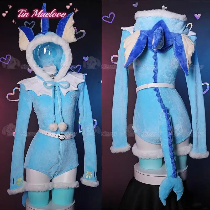 

Anime Vaporeon Cosplay Costume Women Sexy Flannel Hooded Bodysuit Tail Socks Suit Bunny Girl Kawaii Plush Pajamas Cute Jumpsuit