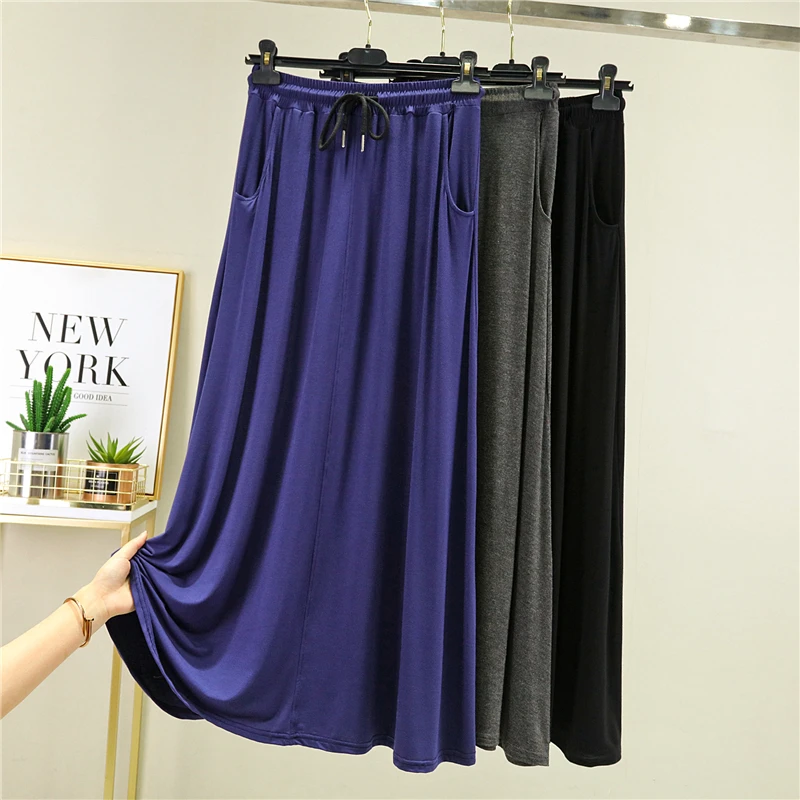 

Tie Bow Pockets A Line Long Skirts 2023 New Summer Autumn Women Elastic High Waist Modal Skirt Ladies Big Swing Maxi Skirt Saia