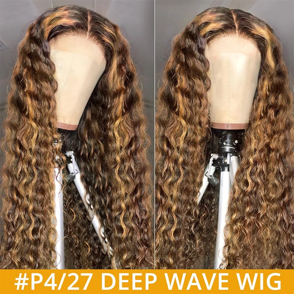 Ready to Wear Glueless Wig Highlight Deep Wave 5x5 HD Lace Closure Wigs Pre Cut Lace for Women P4/27 Honey Blonde Pre Plucked