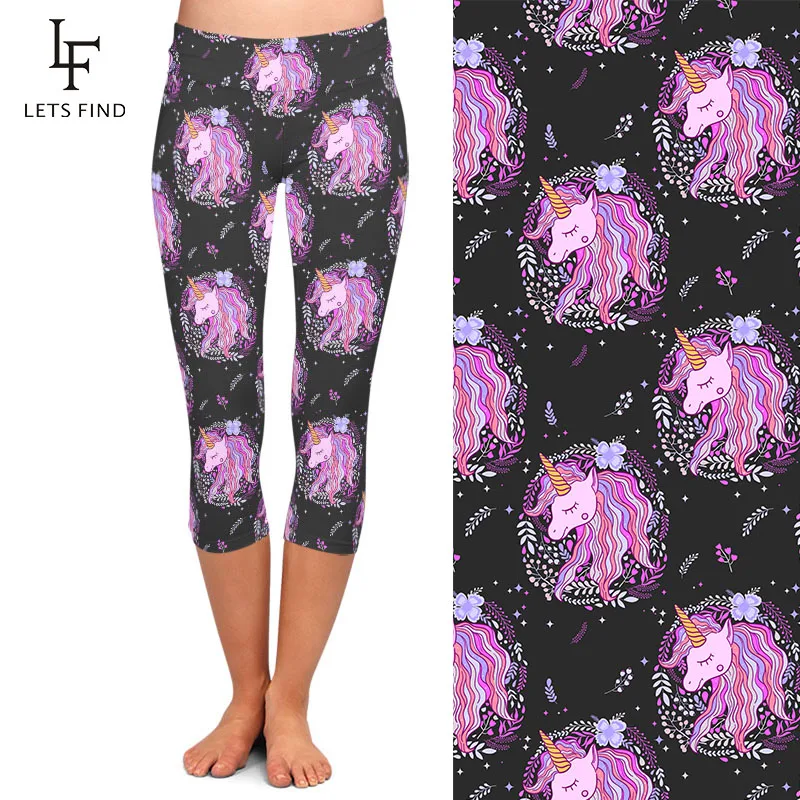 LETSFIND High Elastic  Women Capri Leggings 3D Cute Unicorn Print High Waist Fitness Soft Slim Mid-Calf Leggings