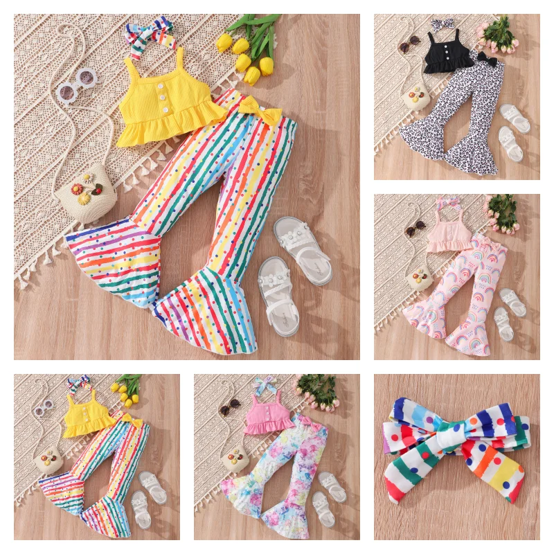 

New Kids Girls Summer Clothes Outfits Sleeveless Tank Tops Buttons + Stripes Bell-bottoms Pants + Headband 3 PCS Sets for 1-7Y