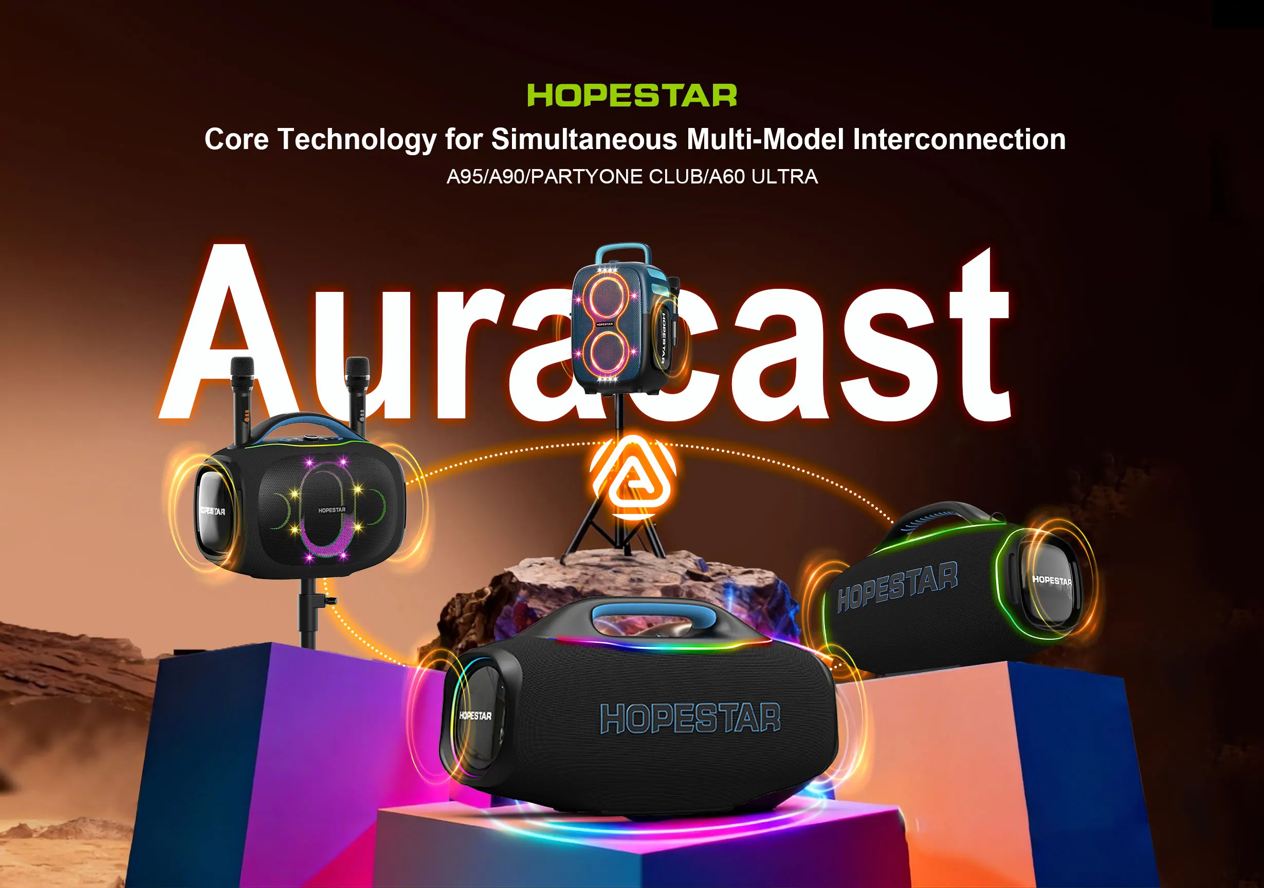 HOPESTAR A95 580W 휴대용 블루투스 스피커(UHF 무선 마이크 포함) 40000mAh 배터리 RGB 조명 및 AuraCast 기능이 있는 야외용 붐박스