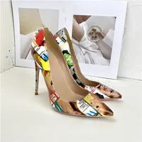 Colorful Print Leather Women's Pointed Toe Stilettos Sexy Ladies Banquet Slip-On High Heels 8cm 10cm 12cm wedding Shoes - Image 2