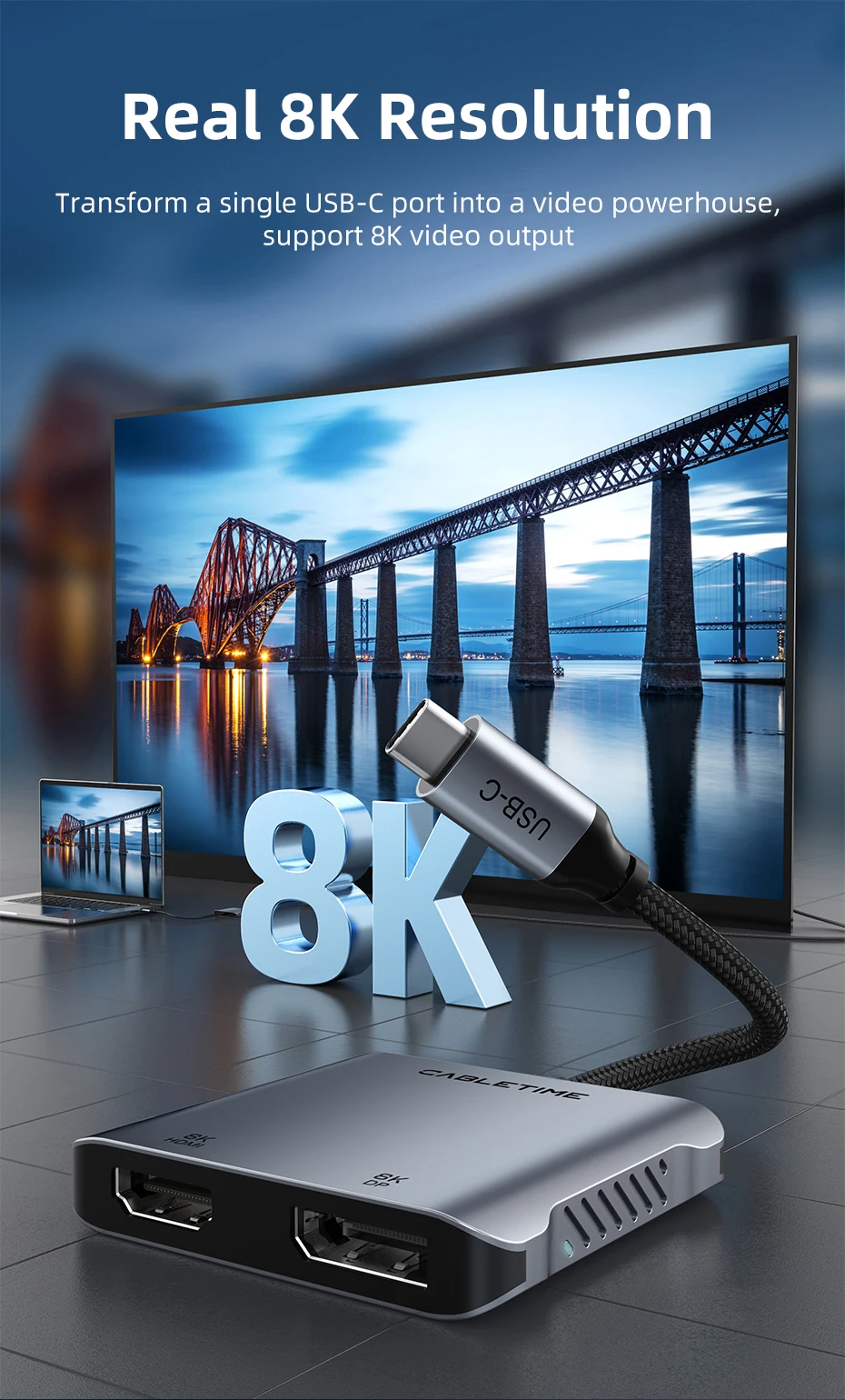 100W, Dual Display para Laptop, Dell Asus C442, 8K, 30Hz, 4K, 120Hz