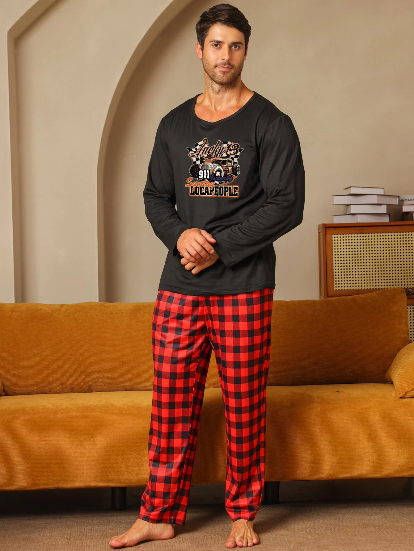 Two piece sets men's pajamas autumn and winter long sleeved pants car letters sleepwear set 7 Sf103f87d71dc4588953d4c049761faff2