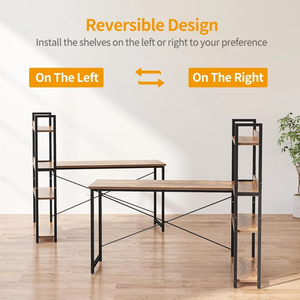 Computer Corner Desk with Storage Shelves, 47 Inch Reversible L Shaped Desk with Bookshelf, Home Office Writing Desk with Hooks 5