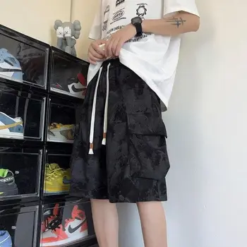 2025 American Black Workwear Shorts Men's Summer High Waisted Youth Pants Casual Tie Dye Large Pocket Five Quarter Horse Pants 1