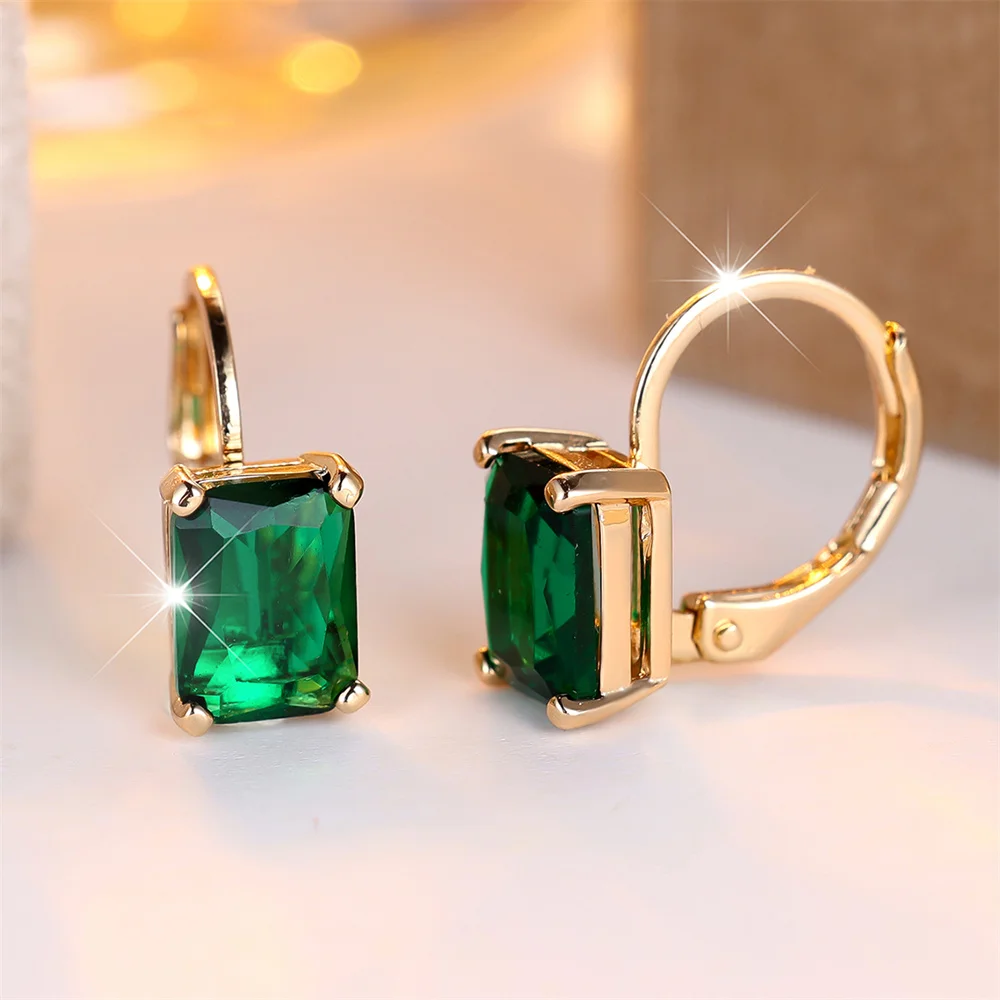 Charm Green Crystal Square Stone Hoop Earrings For Women Vintage Fashion Gold Color Ear Buckle Wedding Jewelry Mother's Day Gift