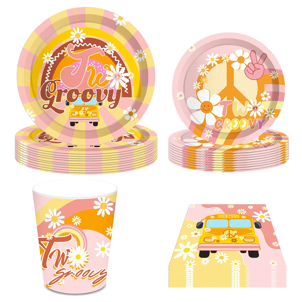 

Hippie Rainbow Daisy Party Disposable Tableware Sets Girls Birthday Decoration Cartoon Two Groovy Baby Shower Party Supplies