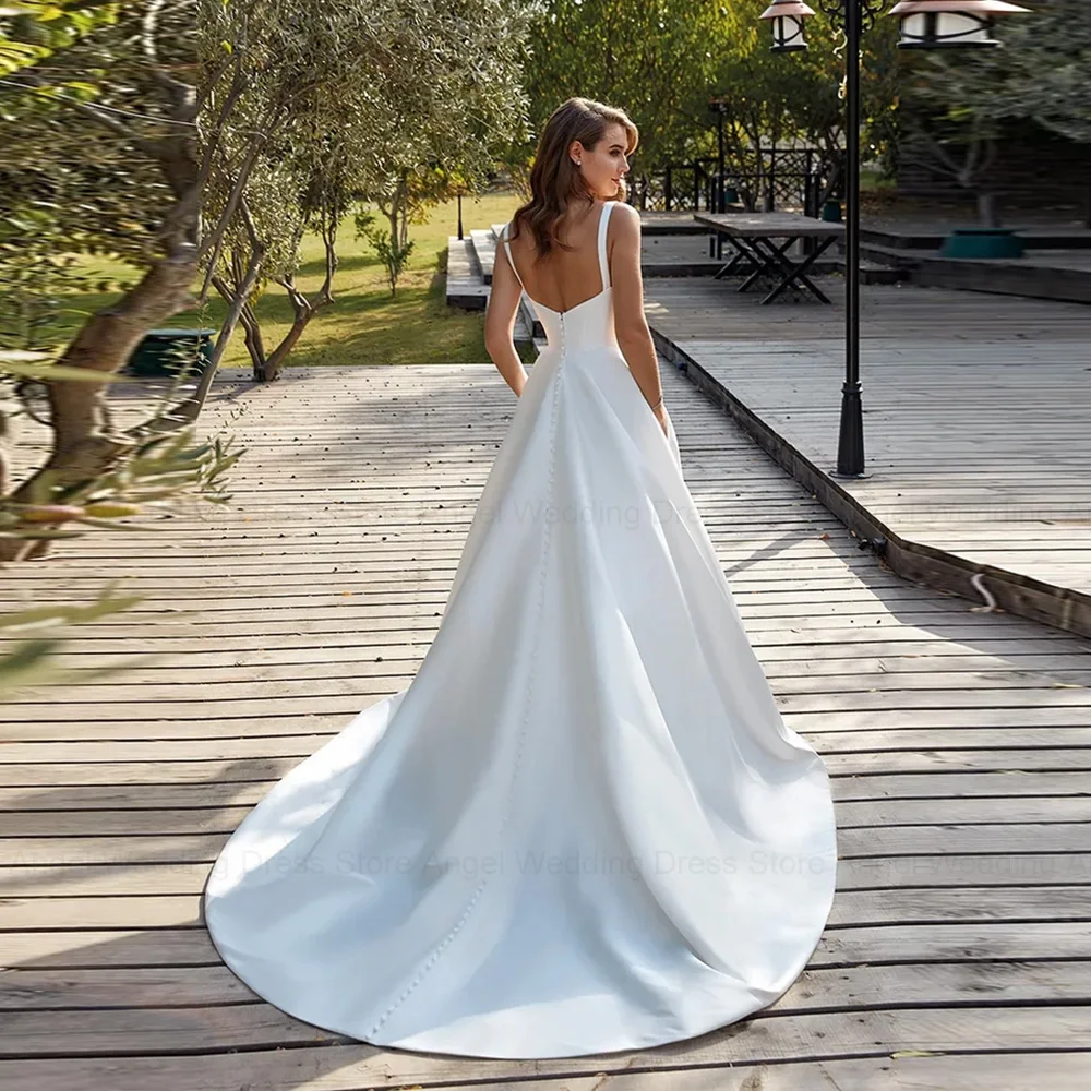 ANGEL Civil V Neck Wedding Dresses Long Satin Bridal Gowns A line Backless Buttons Bride Party Spaghetti Straps wedding dresses