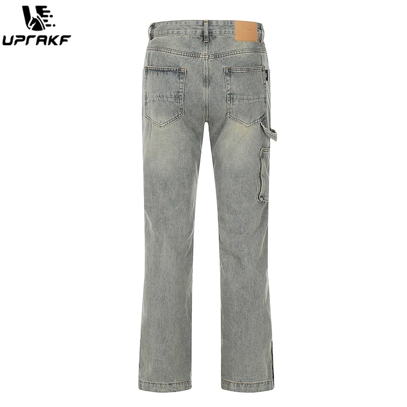UPRAKF Jeans Side Pocket Button Streetwear Summer Denim Pants Casual Straight-leg Fashion Trousers Fit