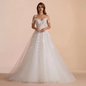 A Line Sweetheart Bride Sweep Train Drop Shoulder Wedding Party Dresses 2023 Sleeveless Lace Ivory White Bridal Gown