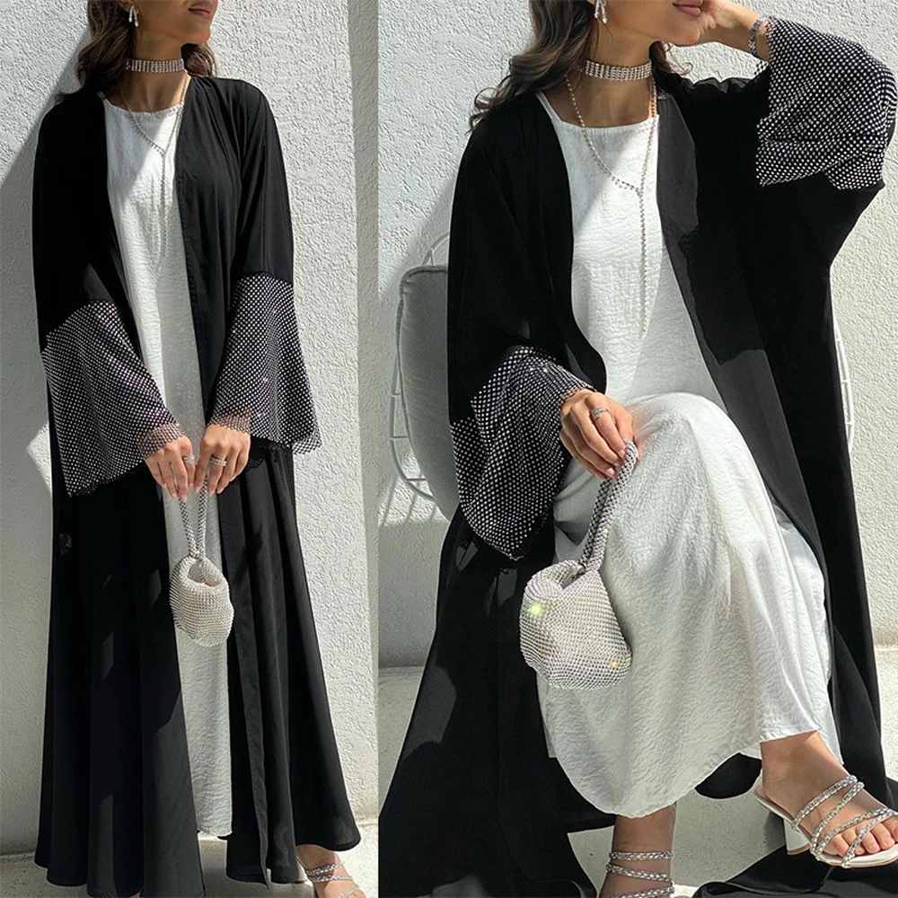 

S-XXL Black Abaya Dubai Luxury Islamic Long Dresses With Sleeves Chic Robe Open Abayas Galabia Saudi Women Jellabiya Eid Outfit