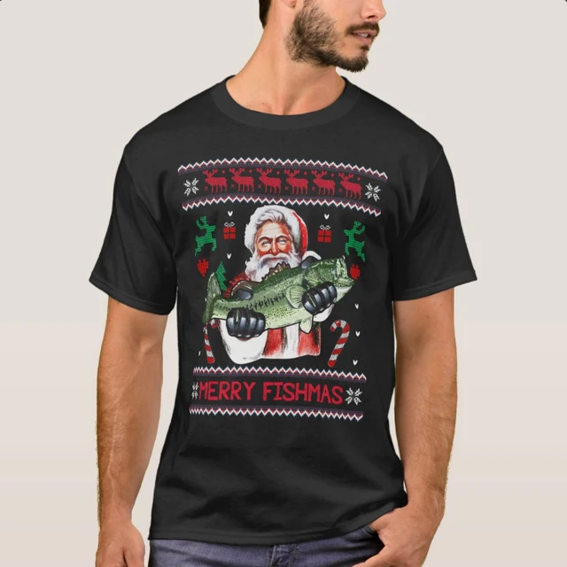 Merry Fishmas Santa Fishing Ugly Christmas Sweater T-Shirt 100