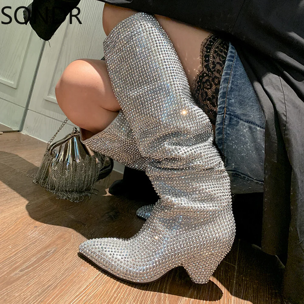 

Womens Rhinestones Crystal Knee Thigh Boots Chelsea Genuine Leather Spike Heel Bling Cowboy Luxury Shoes New 2023
