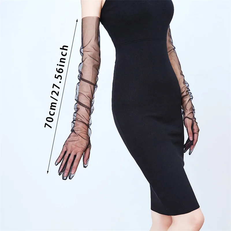 Long Sheer Tulle Wedding Gloves - Ultra Thin Stretchy Full Finger Mittens
