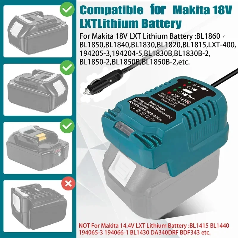 전동 공구 액세서리 DC 12V 24V 담배 라이터 플러그 리튬 이온 배터리 차량용 충전기 Makita 18V 배터리 BL1860 BL1830 용 LED
