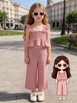 Completo estivo da ragazza in 2 pezzi: top rosa con volant e pantaloni coordinati | Moda estiva per bambini e bambine, fresca e confortevole