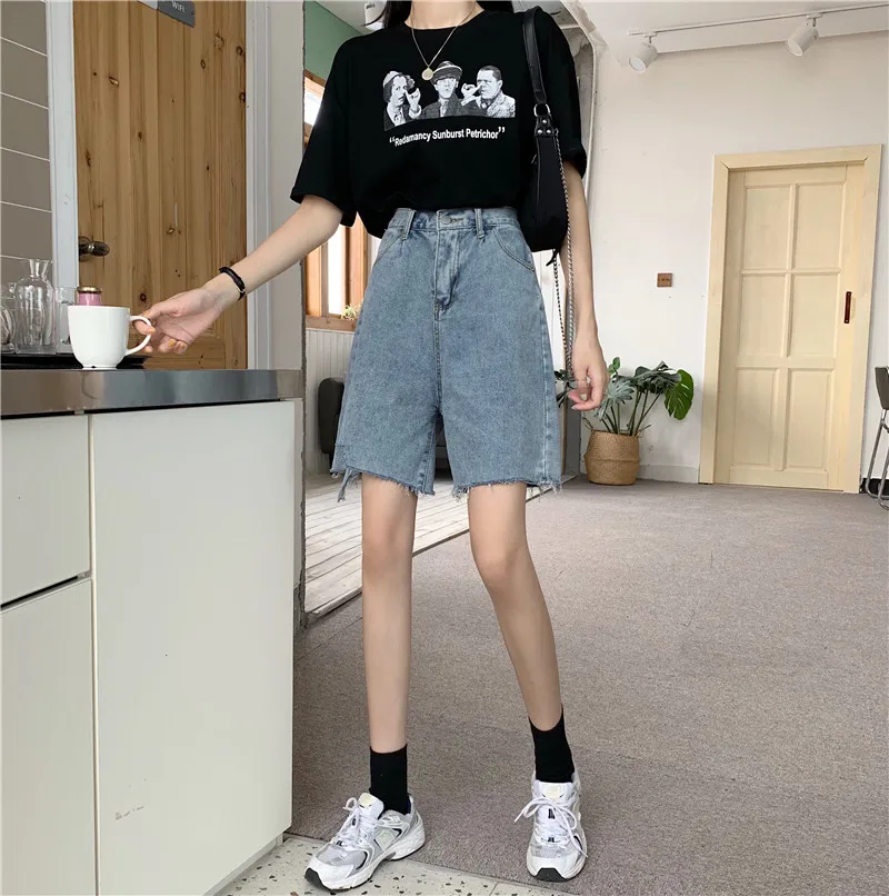 workout clothes for women 2021 New Women's Loose Denim Shorts Elastic Waist Ripped Hot Pants Thin High Waist five-point Short Jeans Pants for Girl Summer outfits for women