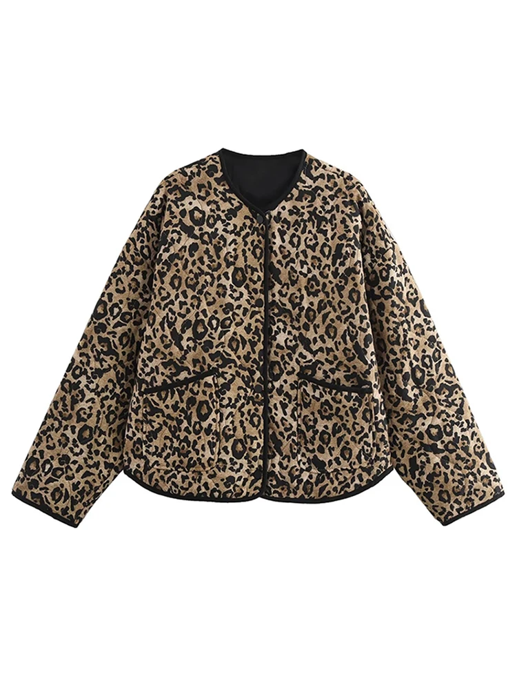 Vintage Leopard Cotton Coat  Women Loose O-neck Long Sleeve Single Breasted Pockets Jacket 2024 Autumn New Lady Casual Outwear 2