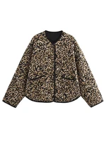 Vintage Leopard Cotton Coat  Women Loose O-neck Long Sleeve Single Breasted Pockets Jacket 2024 Autumn New Lady Casual Outwear 2