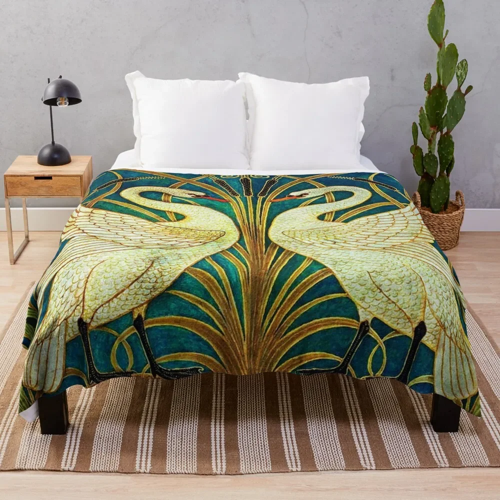 

TWO WHITE SWANS AMONG REEDS IN BLUE Art Nouveau Animals Throw Blanket For Decorative Sofa Furry for sofa Polar Blankets