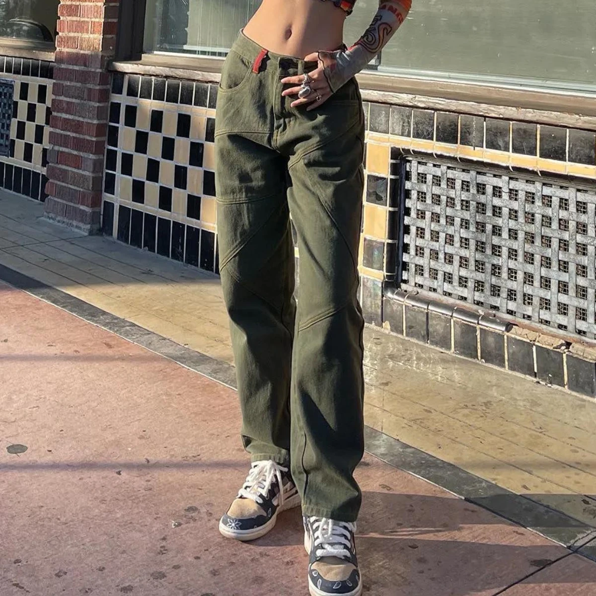 Pantalones vaqueros Retro verde para mujer, holgado de pierna ancha, informal, coreano, de cintura alta, Primavera, nuevo estilo|Pantalones vaqueros| - AliExpress