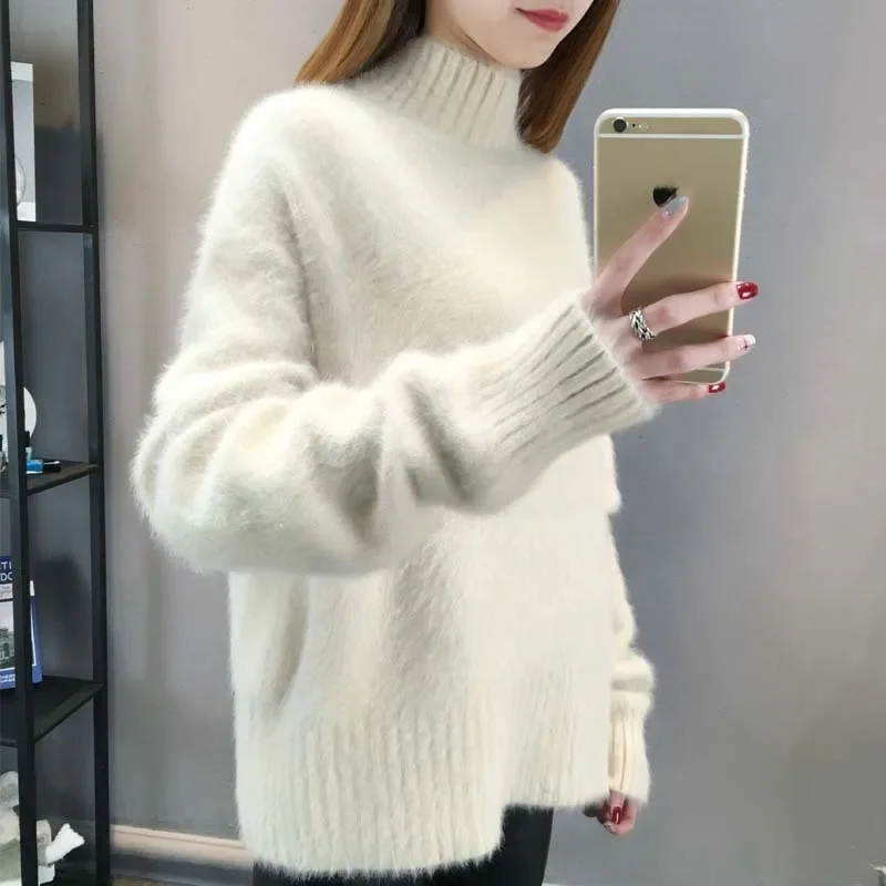 

Women Faux Mink Cashmere Sweater 2023 Autumn Winter Turtleneck Tops Pull Femme Hiver Loose Pullover Streetwear Jumper Sweater