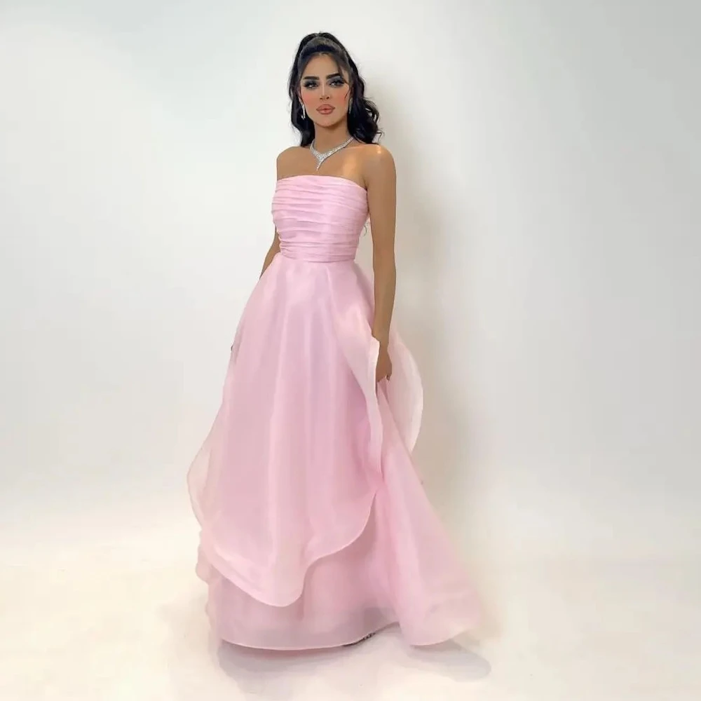 

ROSELLA Pink Strapless Women Party Dresses Pleated Floor Length Asymmetrical Arabic Female Prom Gown New 2023
